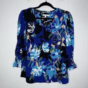 Chico’s Women’s Floral Top 3/4 Sleeves Blue Size 2, Large